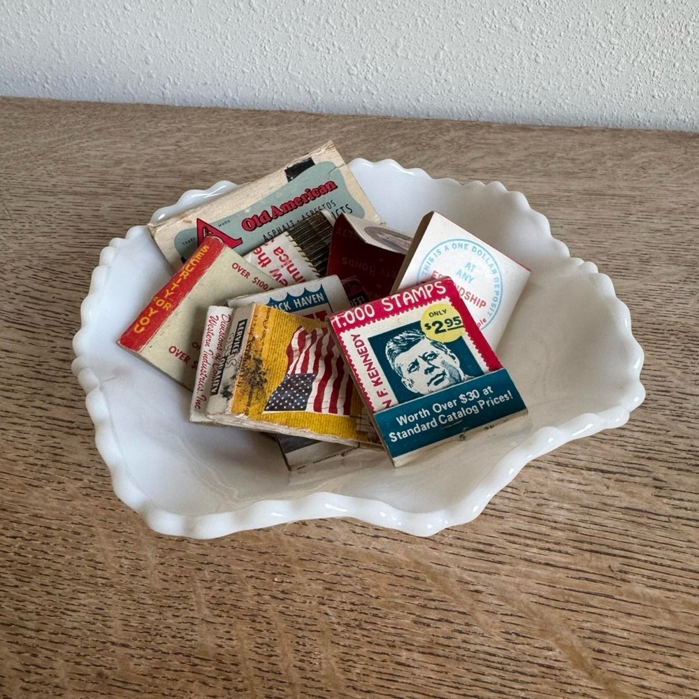 Patriotic Vintage Matchbook Collection in White Milk Glass Dish